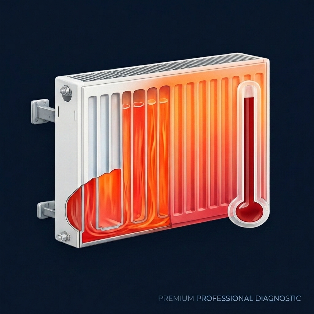 Schone radiator na reiniging — volledig warm van boven tot onder