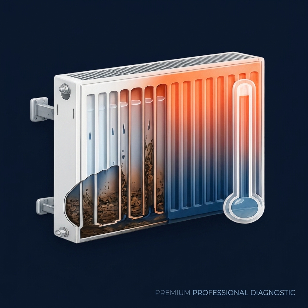 Vuile radiator met slib en kalk — koud aan de onderkant